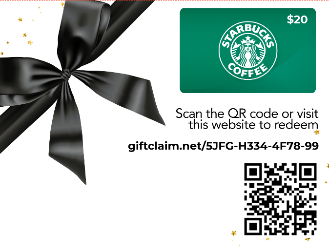 Gift card example with Starbucks card and QR code redemption
