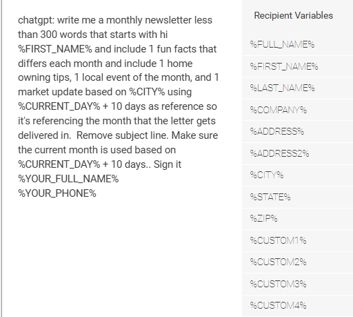 Personalization variables interface showing recipient data fields