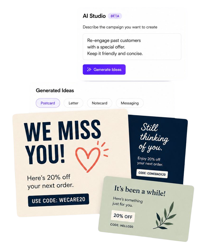 Thanks.io direct mail creatives - postcards, letters and notecards