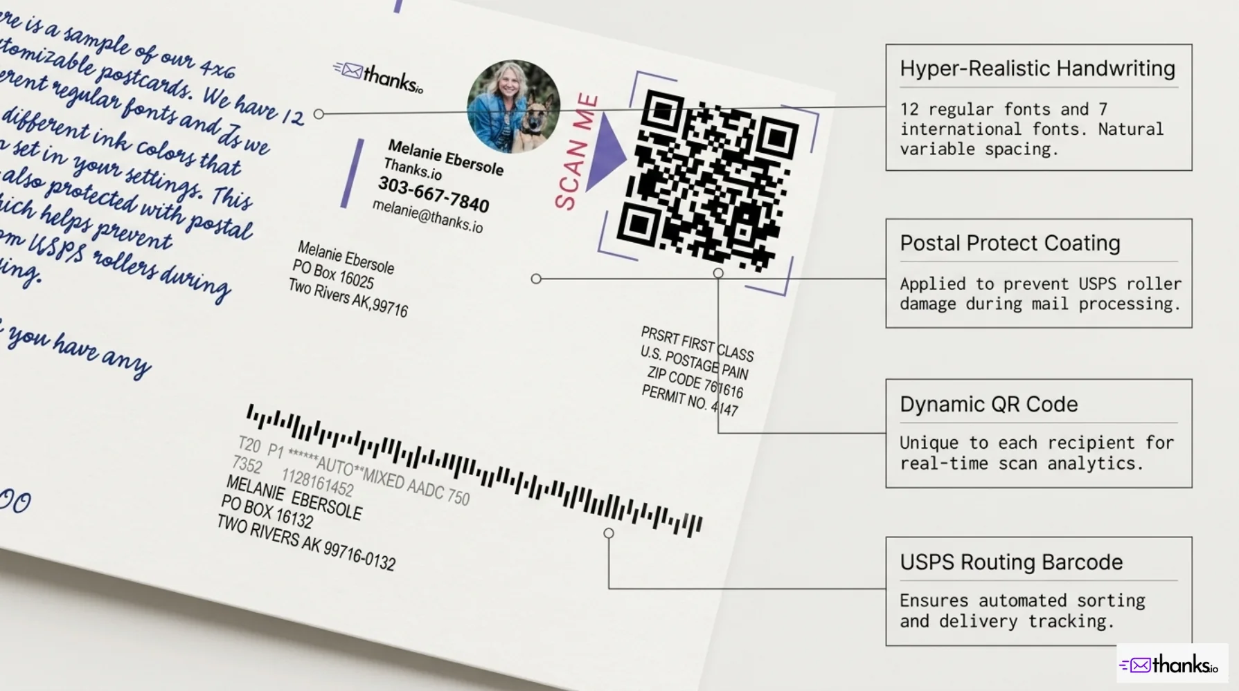 Thanks.io print portfolio, page 3: Postcard handwriting, coating, and tracking details