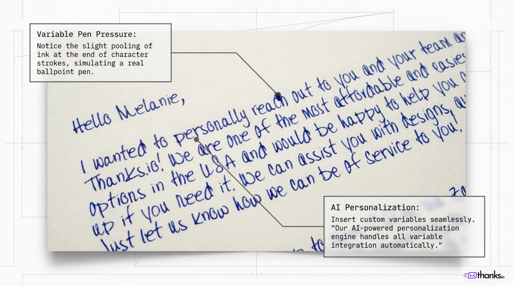 Thanks.io print portfolio, page 12: Windowless letter handwriting and personalization